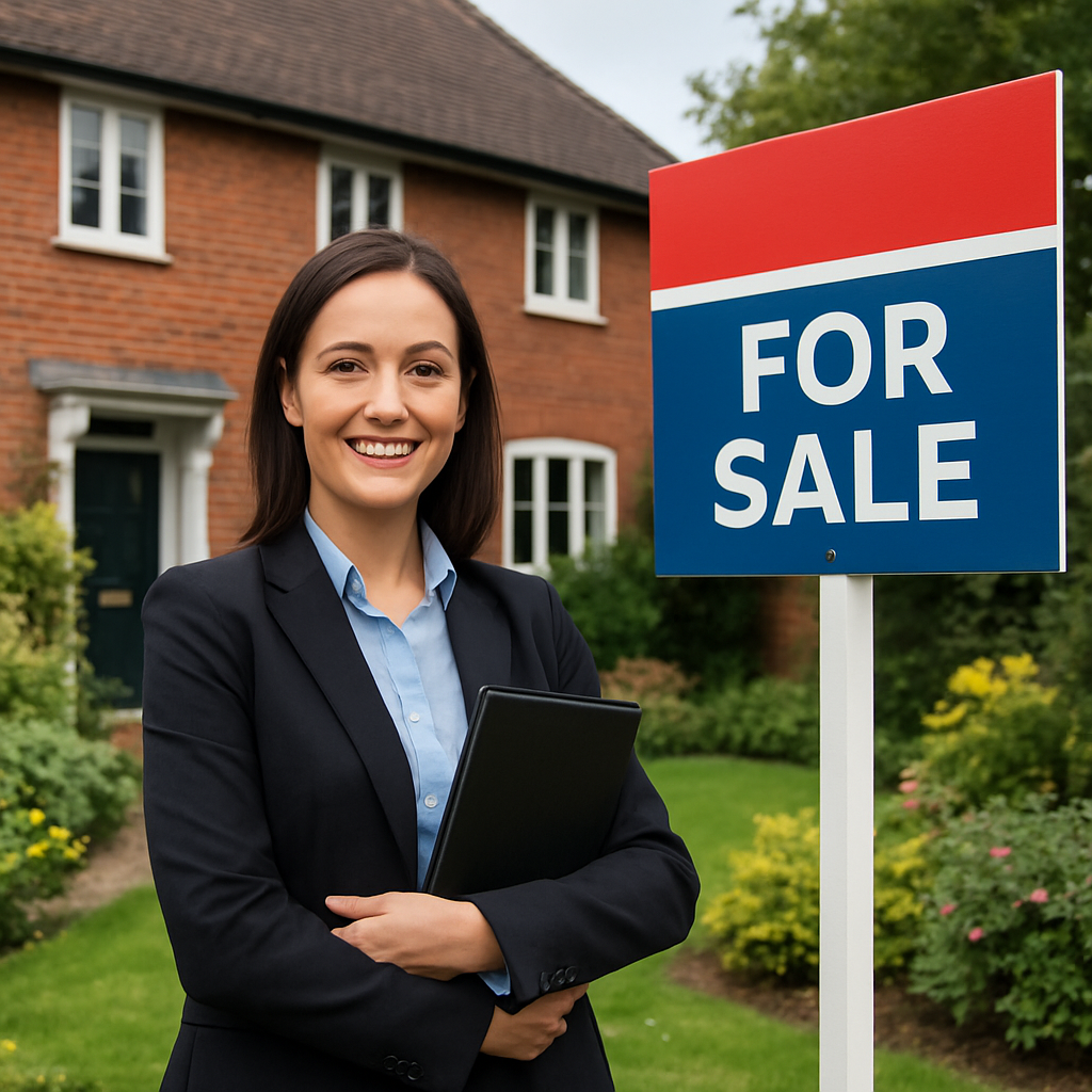 estate agent woman outside of a house with a garden and a for sale sign in the uk
